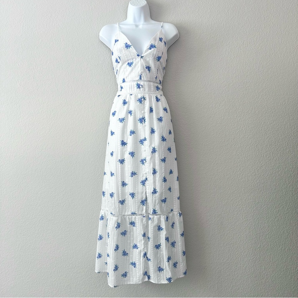 Floral Blue and White Embroidered Maxi Dress - Picture 5 of 11